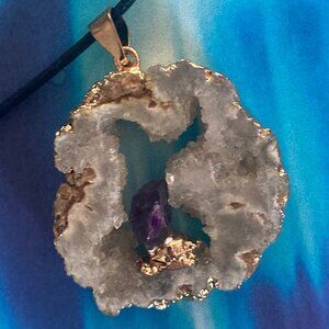 Quartz Crystal Geode Slice Necklace with an Amethyst Crystal Inside